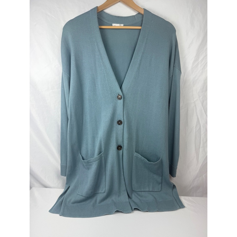 J. Jill Small Longline Cardigan Sweater Blue Green V-Neck Button Front Pockets